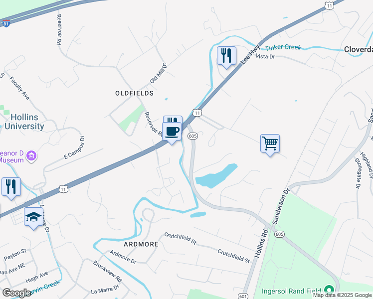 map of restaurants, bars, coffee shops, grocery stores, and more near 8529 Summer View Drive in Hollins