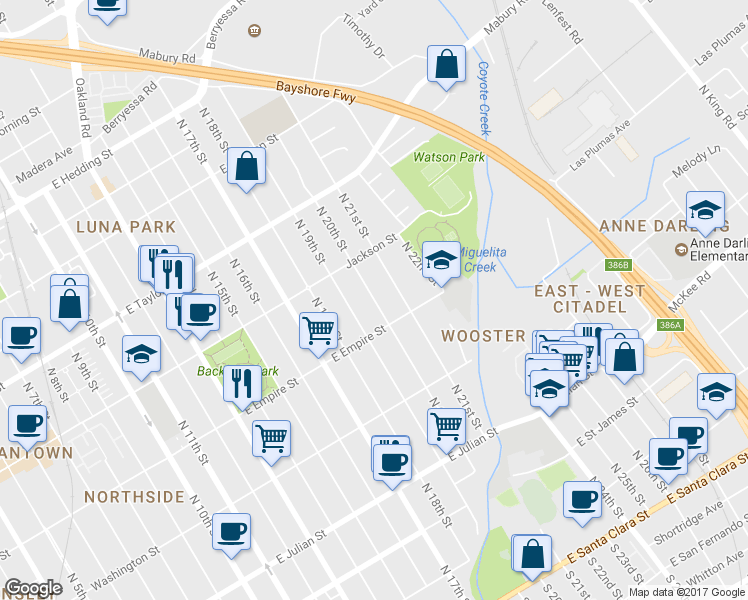 map of restaurants, bars, coffee shops, grocery stores, and more near North 20th Street in San Jose