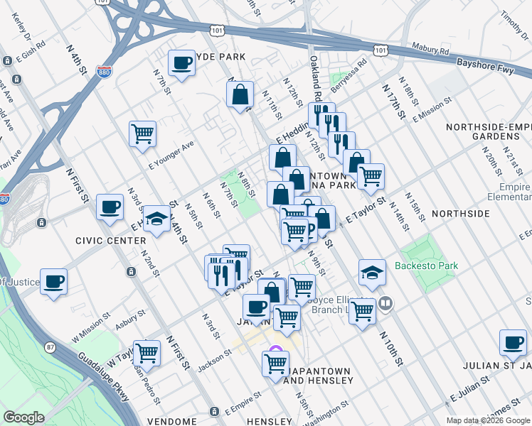 map of restaurants, bars, coffee shops, grocery stores, and more near 350 East Mission Street in San Jose