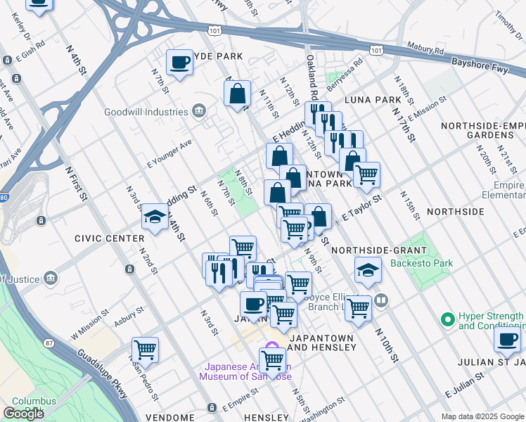 map of restaurants, bars, coffee shops, grocery stores, and more near 350 East Mission Street in San Jose