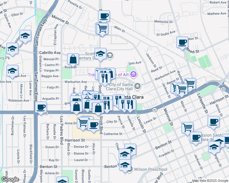 map of restaurants, bars, coffee shops, grocery stores, and more near 1690 Civic Center Drive in Santa Clara