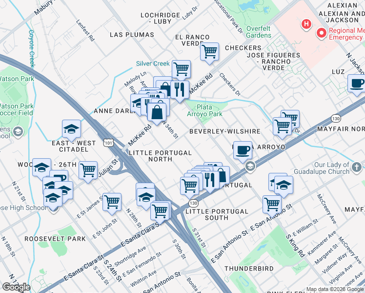 map of restaurants, bars, coffee shops, grocery stores, and more near 145 North 34th Street in San Jose