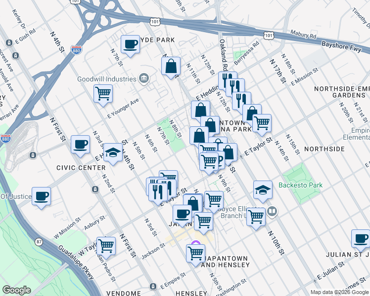 map of restaurants, bars, coffee shops, grocery stores, and more near E Mission St & N 8th St in San Jose