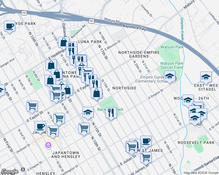 map of restaurants, bars, coffee shops, grocery stores, and more near 607 North 16th Street in San Jose