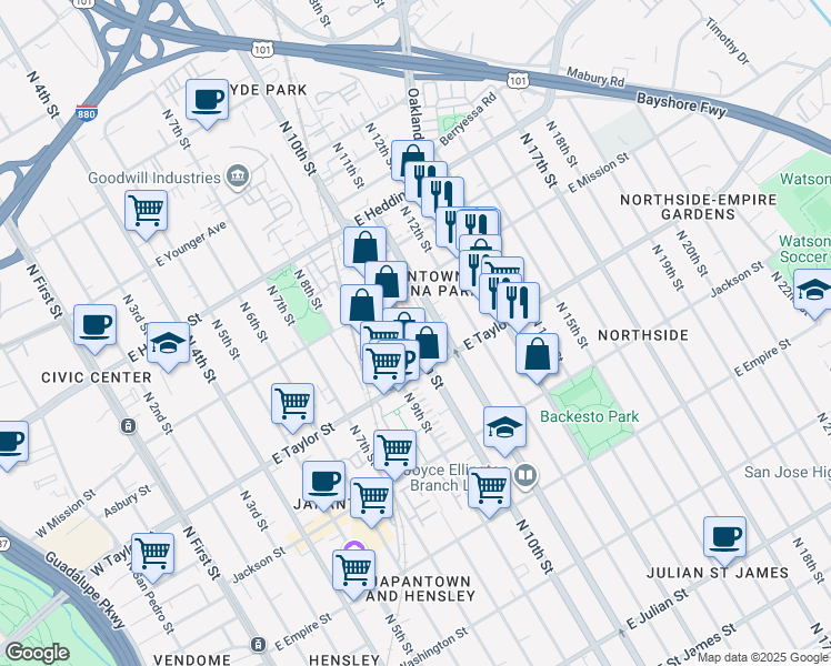 map of restaurants, bars, coffee shops, grocery stores, and more near 741 North 10th Street in San Jose