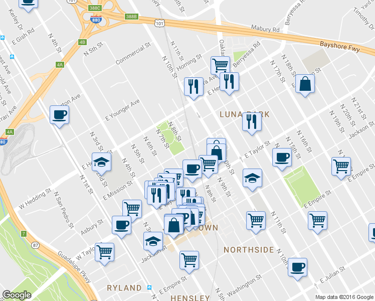 map of restaurants, bars, coffee shops, grocery stores, and more near 350 East Mission Street in San Jose