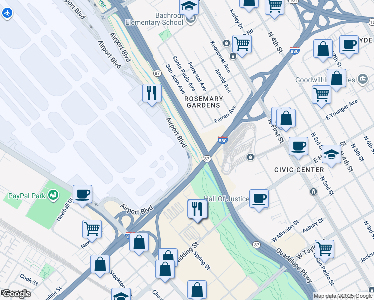 map of restaurants, bars, coffee shops, grocery stores, and more near Guadalupe River Trail in San Jose
