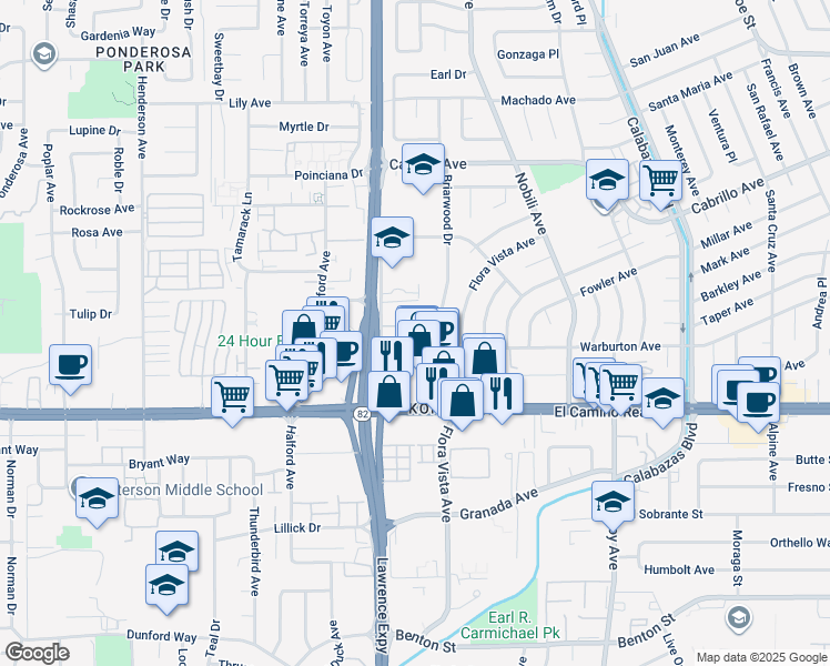 map of restaurants, bars, coffee shops, grocery stores, and more near 3567 Brothers Lane in Santa Clara