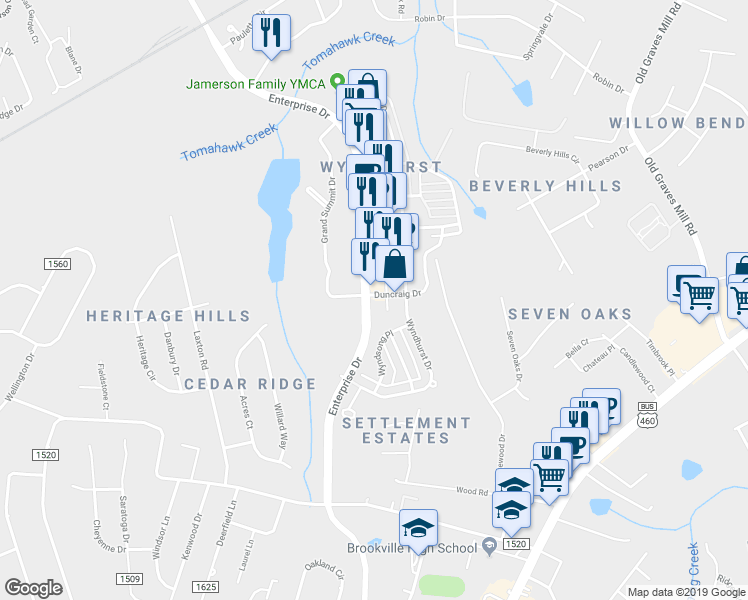 map of restaurants, bars, coffee shops, grocery stores, and more near in Lynchburg