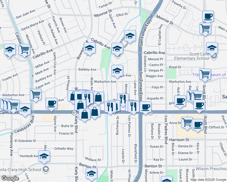 map of restaurants, bars, coffee shops, grocery stores, and more near 1755 Ravizza Avenue in Santa Clara