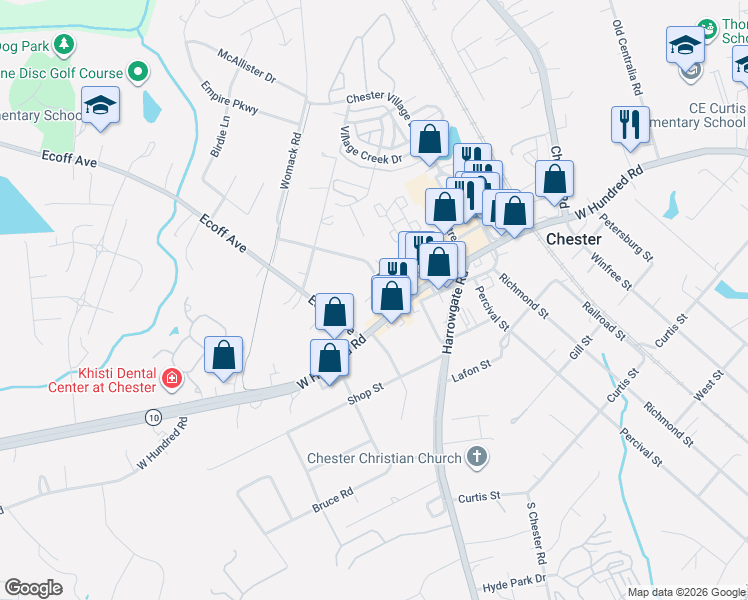 map of restaurants, bars, coffee shops, grocery stores, and more near 4500 West Hundred Road in Chester