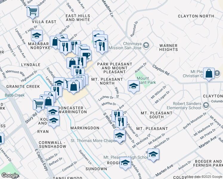 map of restaurants, bars, coffee shops, grocery stores, and more near 10230 Griffith Street in San Jose