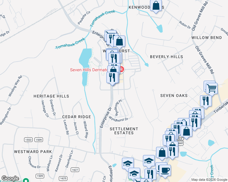 map of restaurants, bars, coffee shops, grocery stores, and more near in Lynchburg