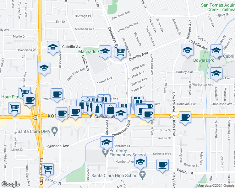 map of restaurants, bars, coffee shops, grocery stores, and more near 1725 Townsend Avenue in Santa Clara
