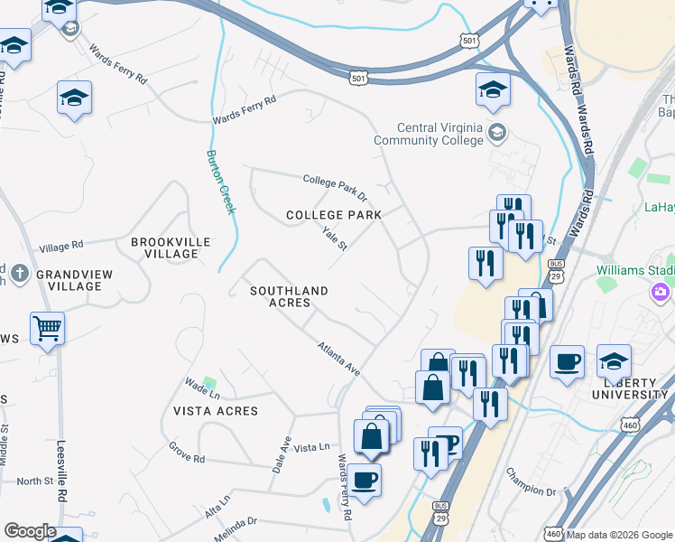 map of restaurants, bars, coffee shops, grocery stores, and more near 205 Dean Street in Lynchburg