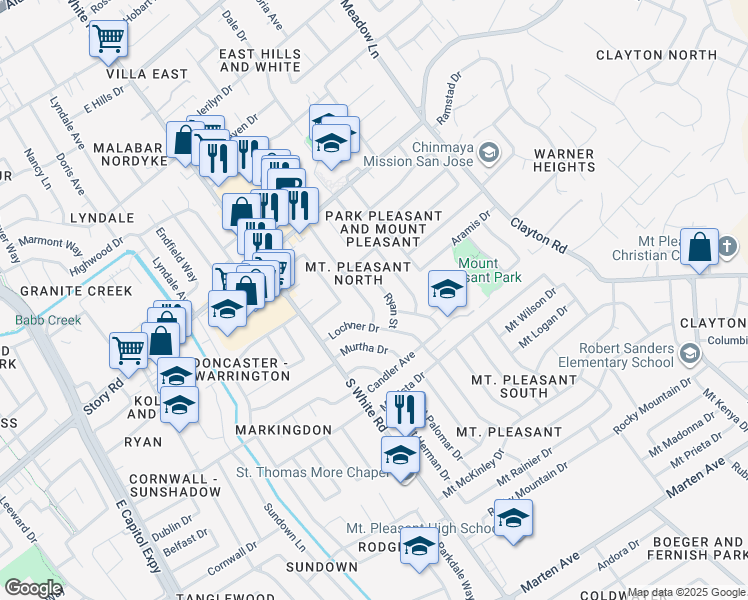 map of restaurants, bars, coffee shops, grocery stores, and more near 10230 Griffith Street in San Jose