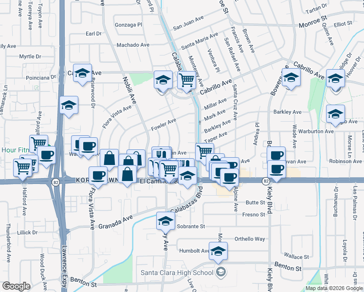 map of restaurants, bars, coffee shops, grocery stores, and more near 1725 Townsend Avenue in Santa Clara