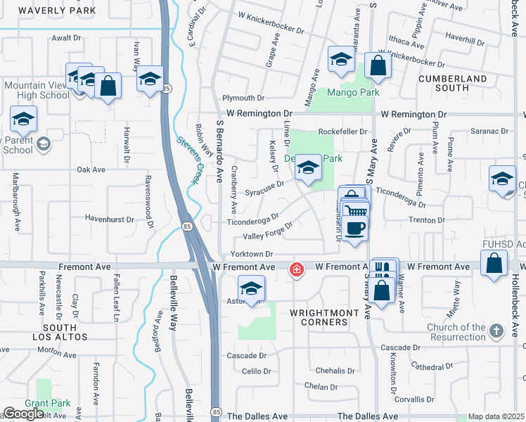 map of restaurants, bars, coffee shops, grocery stores, and more near 1244 Elderberry Drive in Sunnyvale
