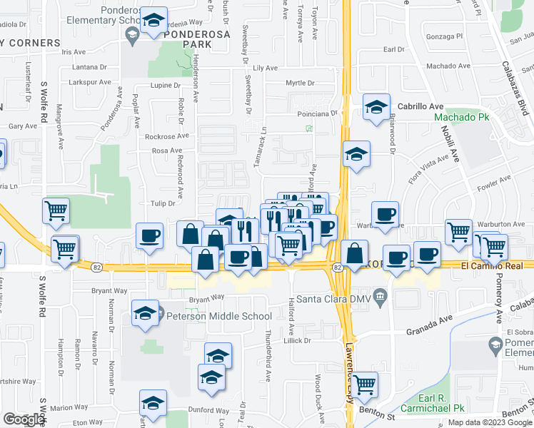 map of restaurants, bars, coffee shops, grocery stores, and more near 994 Helen Avenue in Sunnyvale