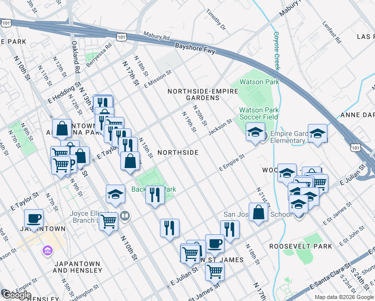 map of restaurants, bars, coffee shops, grocery stores, and more near 577n North 18th Street in San Jose