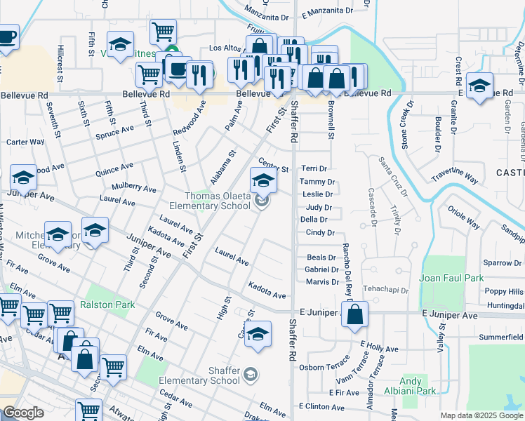 map of restaurants, bars, coffee shops, grocery stores, and more near 2266 High Street in Atwater