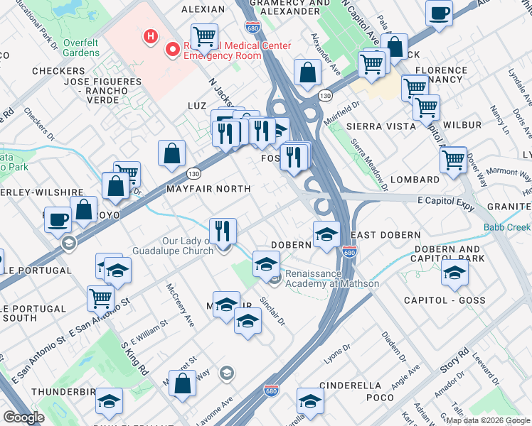 map of restaurants, bars, coffee shops, grocery stores, and more near 2141 East San Antonio Street in San Jose