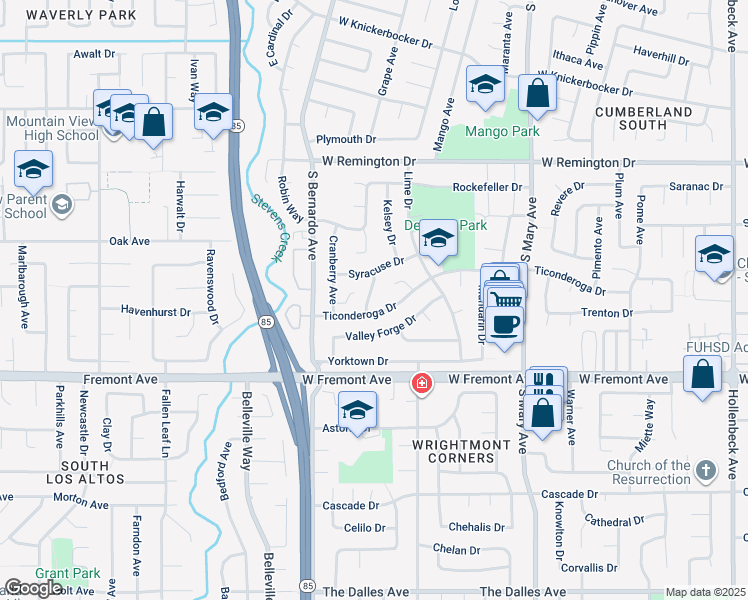 map of restaurants, bars, coffee shops, grocery stores, and more near 1244 Elderberry Drive in Sunnyvale