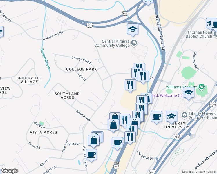 map of restaurants, bars, coffee shops, grocery stores, and more near 95 College Park Drive in Lynchburg