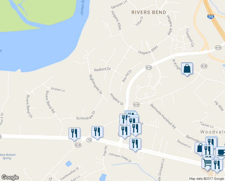 map of restaurants, bars, coffee shops, grocery stores, and more near 12803 Hogans Drive in Chester