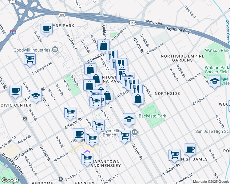 map of restaurants, bars, coffee shops, grocery stores, and more near in San Jose