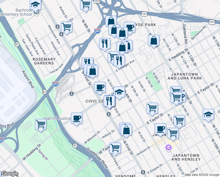 map of restaurants, bars, coffee shops, grocery stores, and more near 75 East Hedding Street in San Jose