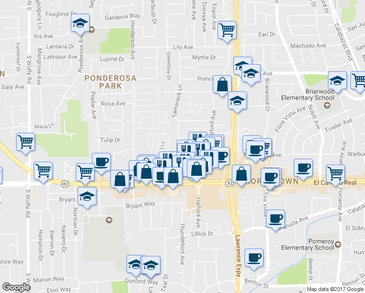 map of restaurants, bars, coffee shops, grocery stores, and more near 1004 Helen Avenue in Sunnyvale