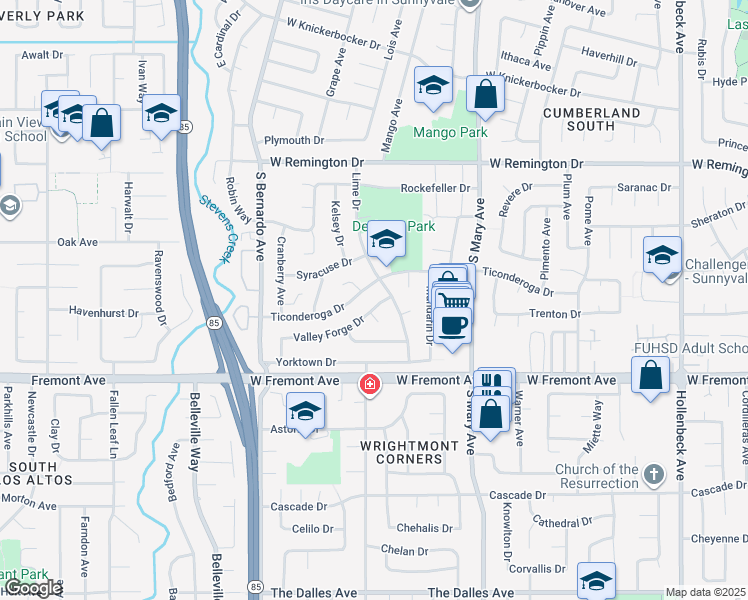 map of restaurants, bars, coffee shops, grocery stores, and more near 1025 Valley Forge Drive in Sunnyvale