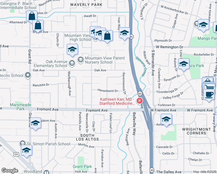 map of restaurants, bars, coffee shops, grocery stores, and more near 1731 Havenhurst Drive in Los Altos