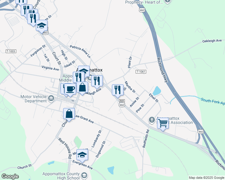 map of restaurants, bars, coffee shops, grocery stores, and more near 1256 Confederate Boulevard in Appomattox