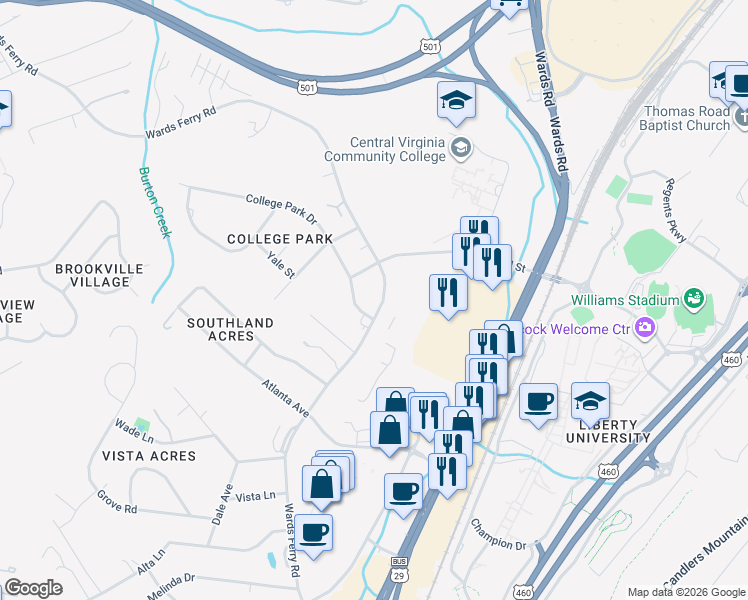 map of restaurants, bars, coffee shops, grocery stores, and more near 95 College Park Drive in Lynchburg