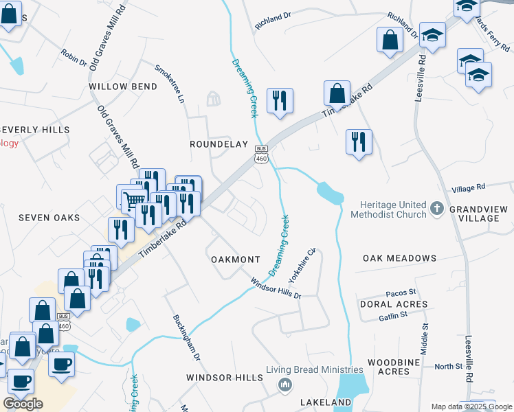 map of restaurants, bars, coffee shops, grocery stores, and more near 7612 Timberlake Road in Lynchburg