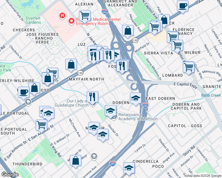map of restaurants, bars, coffee shops, grocery stores, and more near 2141 East San Antonio Street in San Jose