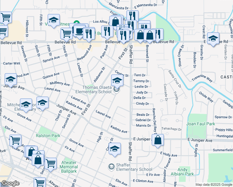 map of restaurants, bars, coffee shops, grocery stores, and more near 2266 High Street in Atwater
