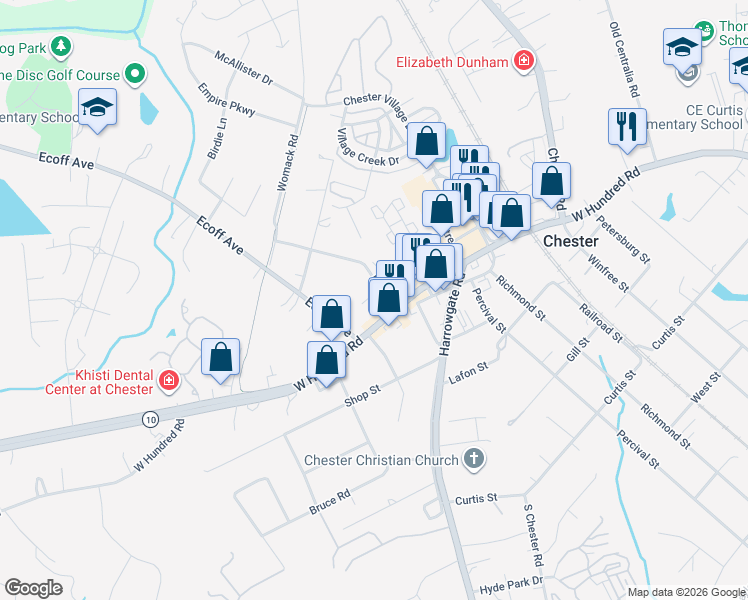 map of restaurants, bars, coffee shops, grocery stores, and more near 4500 West Hundred Road in Chester