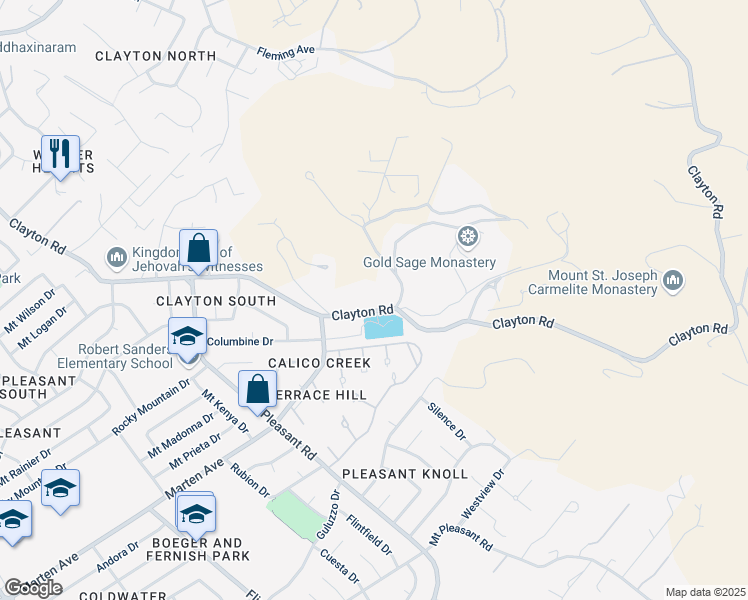 map of restaurants, bars, coffee shops, grocery stores, and more near 11391 Clayton Road in San Jose