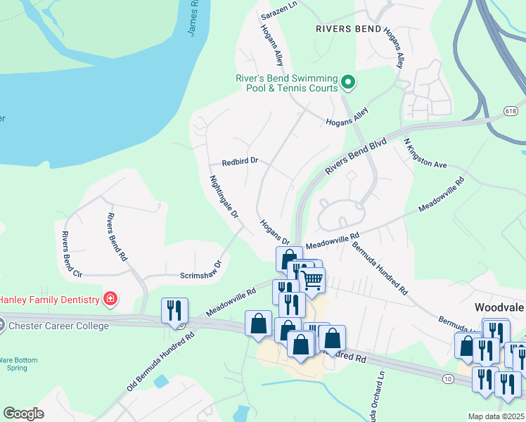 map of restaurants, bars, coffee shops, grocery stores, and more near 12803 Hogans Drive in Chester