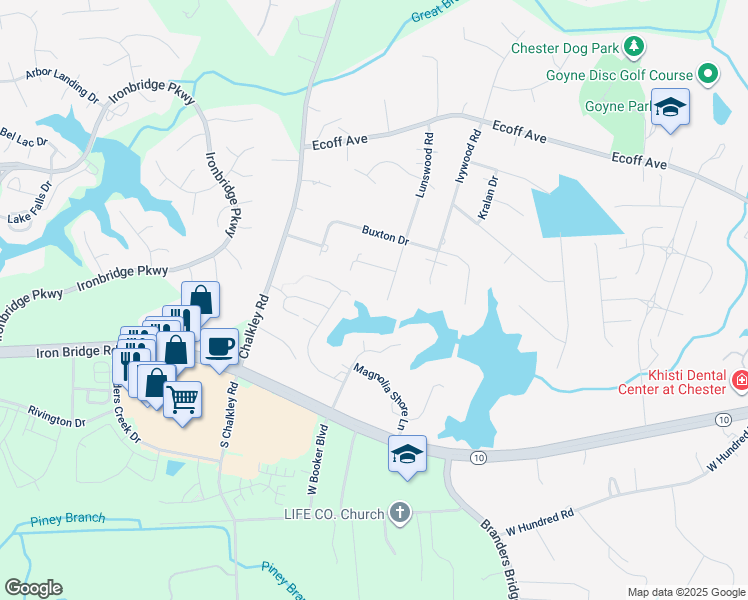 map of restaurants, bars, coffee shops, grocery stores, and more near 10812 Lunswood Road in Chester