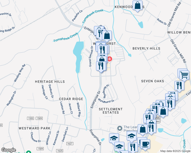 map of restaurants, bars, coffee shops, grocery stores, and more near Thistle Drive in Lynchburg