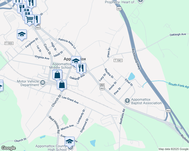 map of restaurants, bars, coffee shops, grocery stores, and more near 1256 Confederate Boulevard in Appomattox