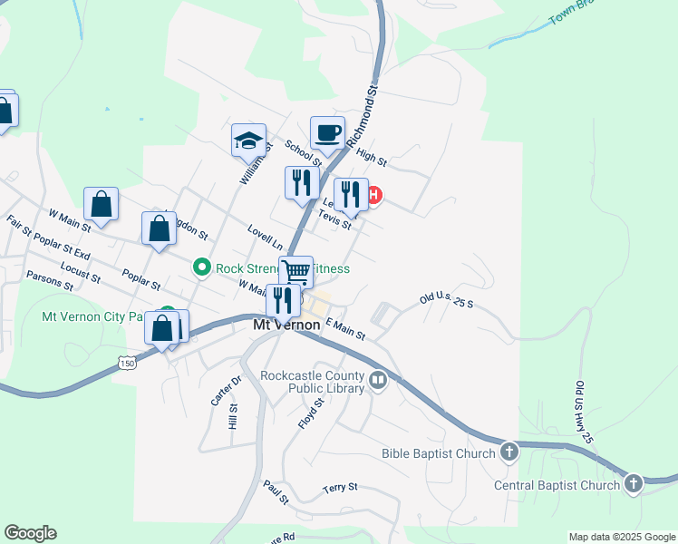 map of restaurants, bars, coffee shops, grocery stores, and more near 115 Maple Drive in Mount Vernon
