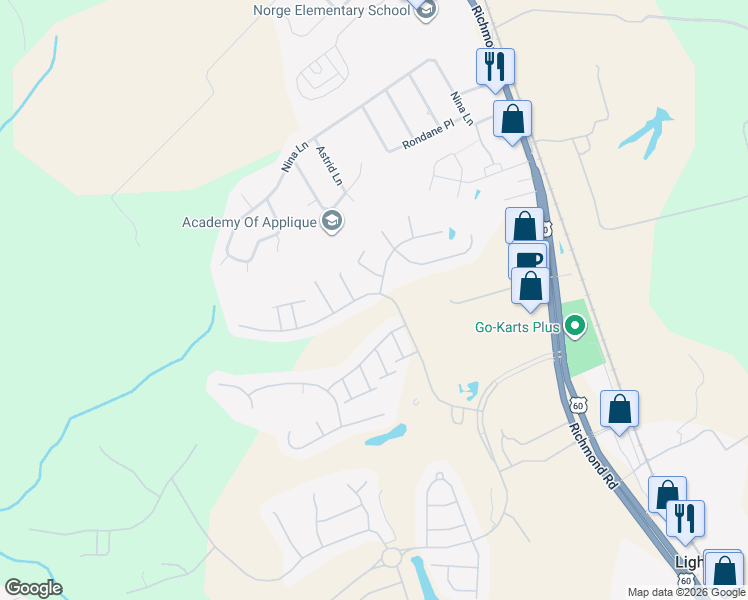 map of restaurants, bars, coffee shops, grocery stores, and more near 6801 Arthur Hills Drive in Williamsburg