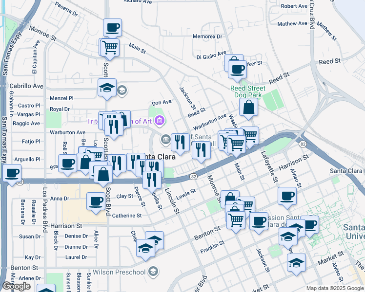 map of restaurants, bars, coffee shops, grocery stores, and more near in Santa Clara