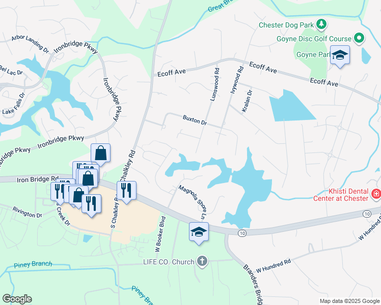 map of restaurants, bars, coffee shops, grocery stores, and more near 10812 Lunswood Road in Chester