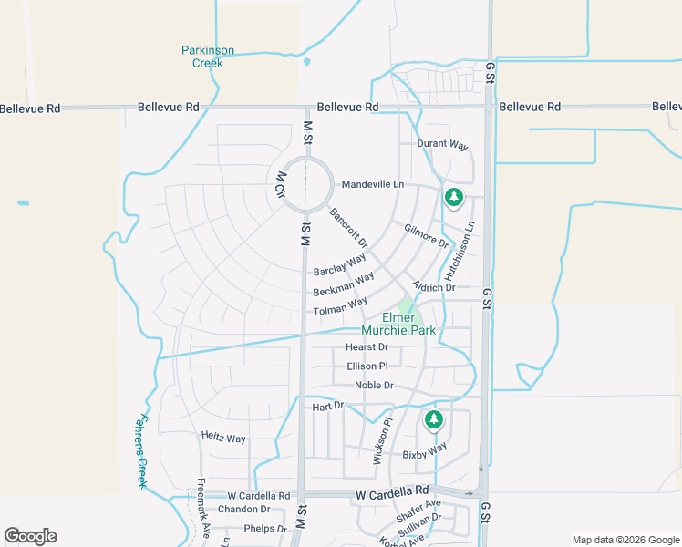 map of restaurants, bars, coffee shops, grocery stores, and more near 518 Barclay Way in Merced